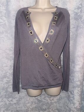 Spiegel Gray Embellished Deep V-Neck Wrap Sweater